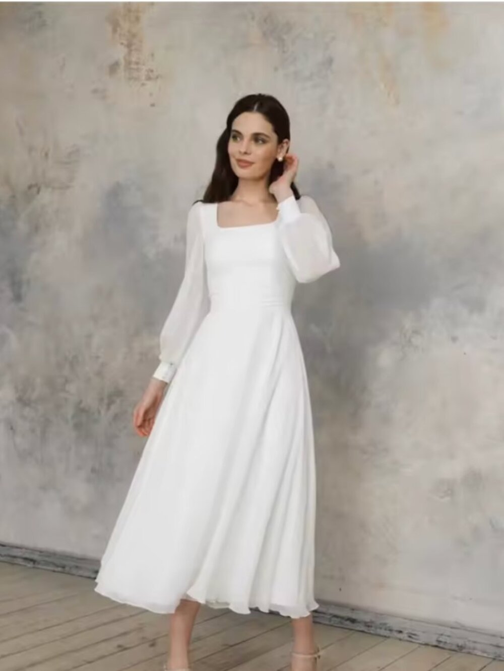 White Dress with Square Neckline and Chiffon Sleeves, Wedding or Summer Dress